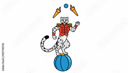 Vibrant illustration of a circus snow leopard in a ringmaster outfit, balancing on a blue ball and juggling flaming torches, embodying entertainment and skill