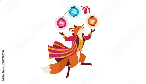 A whimsical anthropomorphic fox in a vintage coat juggles illuminated lanterns during a captivating performance