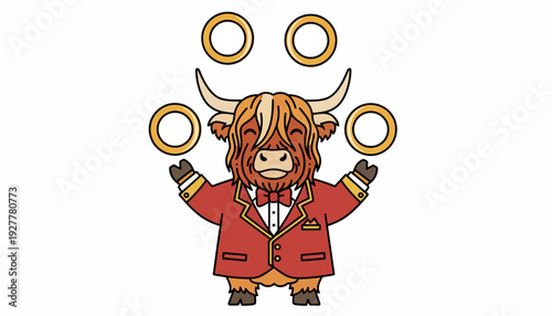 Highland cow in a tuxedo juggles rings with a playful and whimsical circus theme