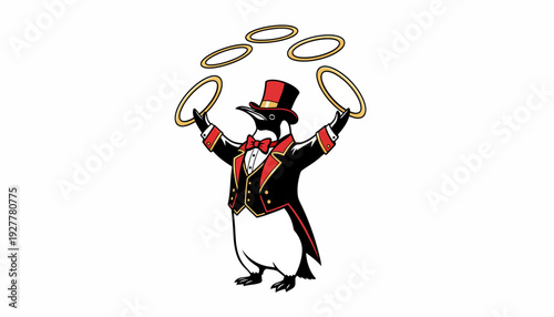 Penguin in a Tuxedo Juggling Rings with a Circus Top Hat in a Whimsical Performance
