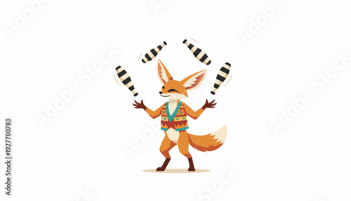 Whimsical pixel art depiction of a clever fennec fox entertainer, confidently juggling multiple props, highlighting dexterity and a joyful spirit in a captivating digital graphic