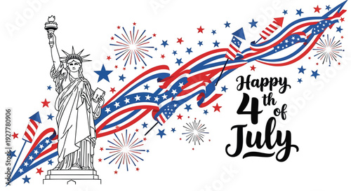 Independence day banner with Statue of Liberty and fireworks