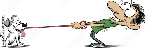 Funny cartoon man pulling dog leash in tug of war game, humorous exaggerated characters isolated on white background