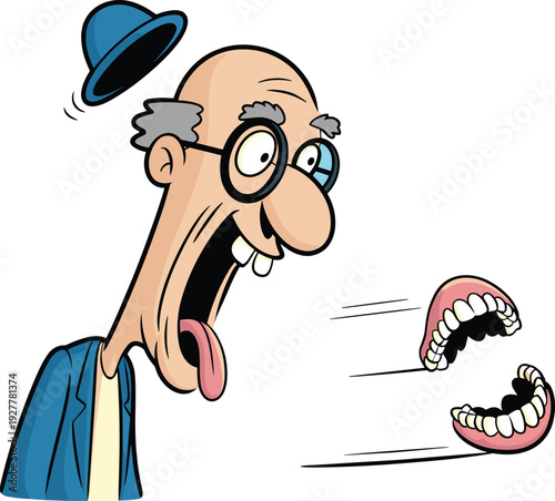 Funny cartoon senior man shocked as dentures fly out of mouth, humorous dental accident illustration on white background