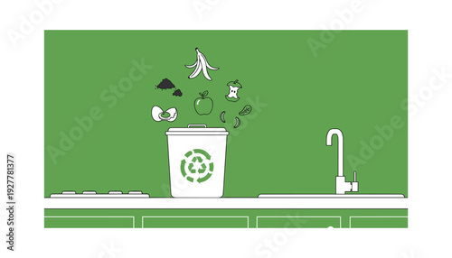 Recycling bin on kitchen counter with organic waste