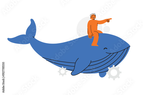 Man Character Riding Giant Blue Whale with Gears Representing Corporate Leadership and Scale Concept. Character Vector illustration design.