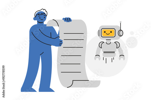 Man Professional Character Handing To-Do List to Robot Representing AI Delegation and Automation Concept. Character Vector illustration design.
