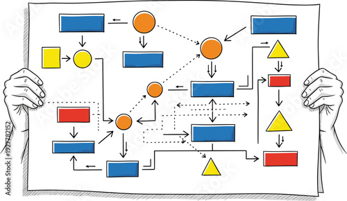 Hand drawn workflow diagram with flowchart symbols, arrows and decision shapes on presentation board held by hands isolated on white background