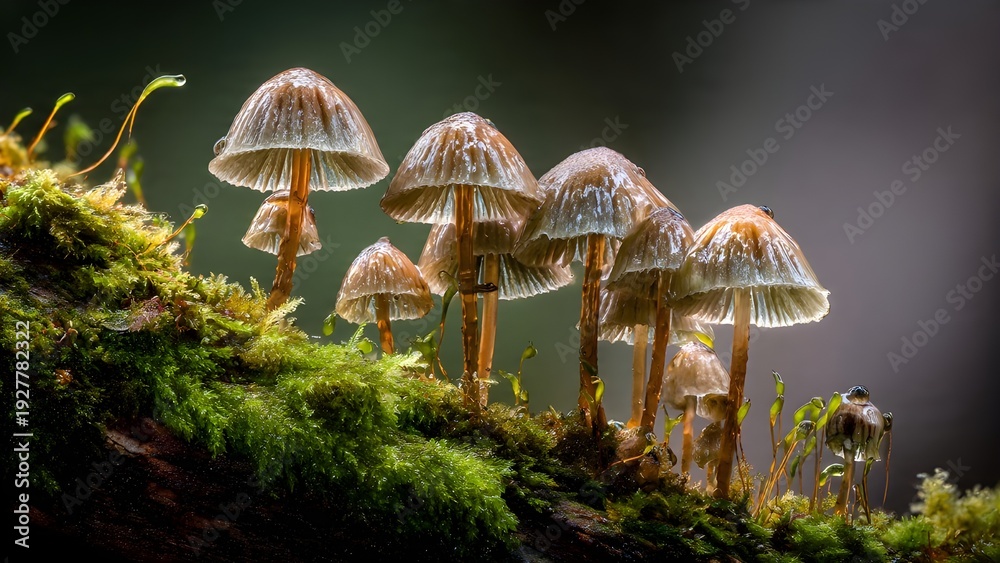 Fototapeta premium Group of small translucent mushrooms with water droplets on green mossy log in dark wild forest