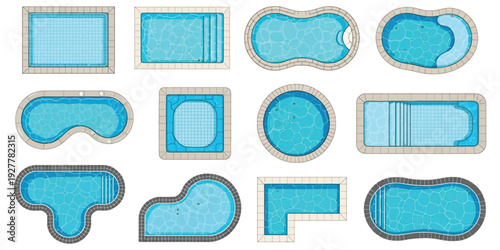 Pool Top View Vector Set with Swimming Pools in Different Shapes, Cartoon Style Luxury Exterior Poolside with Water Texture Tiles, Summer Vacation Swim Area Illustration Isolated on White