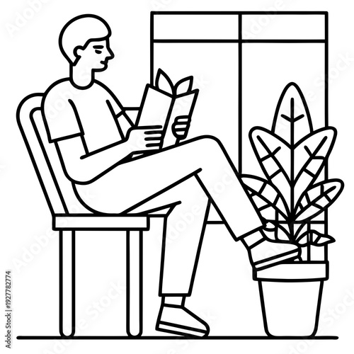 Man Reading Book in Chair Next to Potted Plant by Window