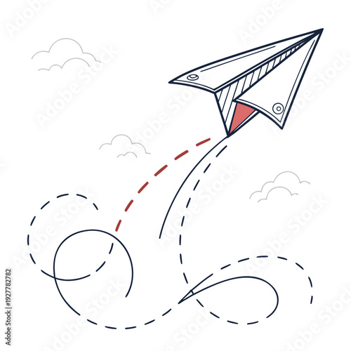 Flying Paper Airplane with Swirling Motion Line Art Illustration