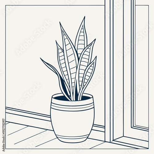 Snake Plant in Pot Near Window in Minimalist Line Art Illustration