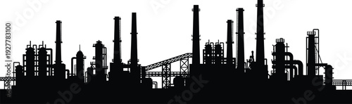 Oil refinery industrial plant silhouette with factory towers, pipelines and heavy industry structures isolated on white backgroundOil refinery industrial plant silhouette with factory towers