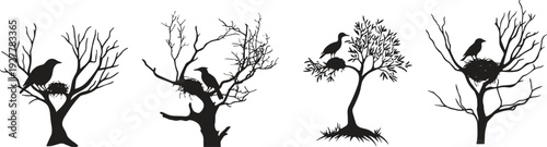 Birds nesting on tree silhouettes collection with branches foliage nature wildlife habitat illustration educational design concept art flat vector
