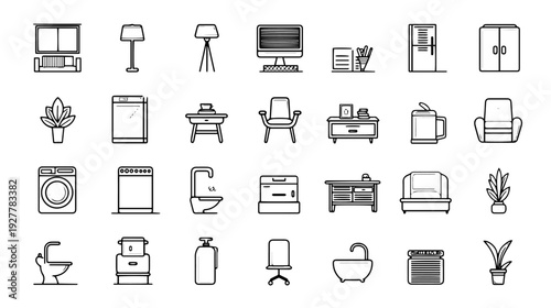 Modern Home Furniture and Appliance Line Icons Set Vector Illustration