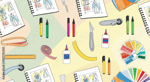Collection of fashion design and sewing tools and sketches.