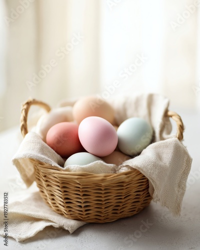 Wallpaper Mural Pastel dyed eggs arranged in a woven basket lined with fabric on a neutral surface in soft daylight. Torontodigital.ca