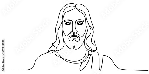 Portrait of Jesus Christ in one line art style. Face of the savior drawn with one continuous black line. Vector illustration.