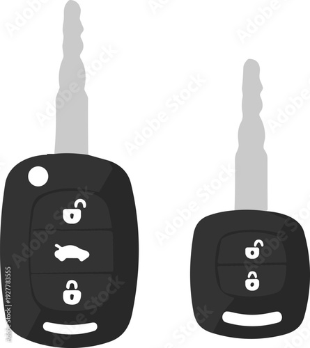 Car key fobs with integrated keys showing lock unlock trunk buttons modern automotive security remote control design concept illustration flat vector