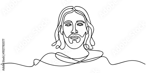 Portrait of Jesus Christ in one line art style. Face of the savior drawn with one continuous black line. Vector illustration.