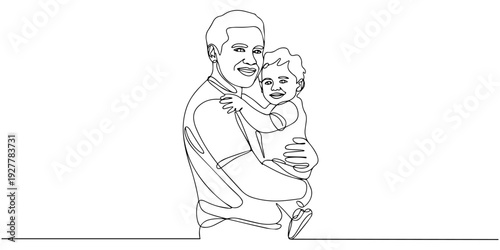 A father gently embraces his baby in a continuous line drawing