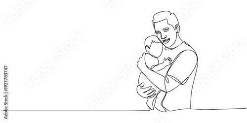 A father gently embraces his baby in a continuous line drawing