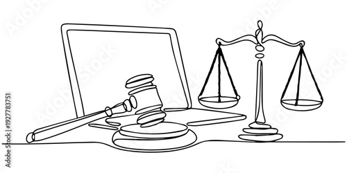 continuous one line drawing law, legal, justice, court, attorney, A wooden gavel and justice scale placed on a desk with a laptop in the background, symbolizing law, legal decisions, court judgement