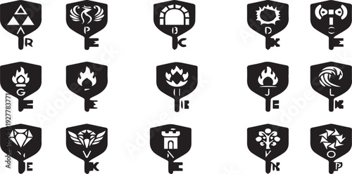 Black shield security icon set – protection, access control, cyber safety solid glyph vector collection