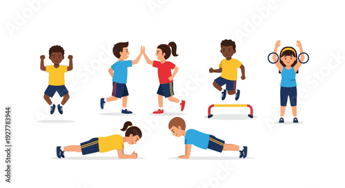 Diverse group of children performing various physical exercises and activities, including jumping, running, planks, and push-ups, promoting health and fitness.