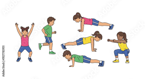 Children performing various exercises like jumping jacks, running, push-ups, and squats for fitness and physical education.
