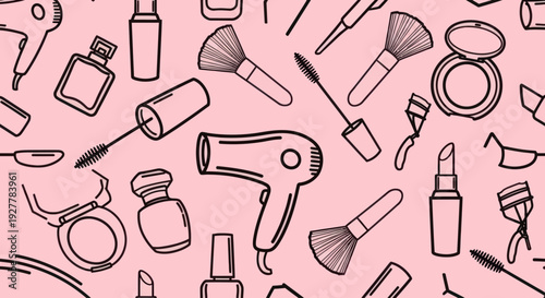 Seamless pattern of beauty products and makeup accessories on a pink background.