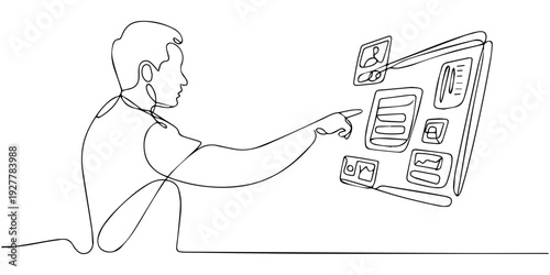 continuous one line drawing Man using a hologram to select things, man selecting things on a holographic screen 