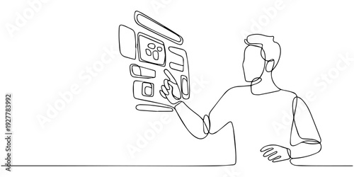 continuous one line drawing Man using a hologram to select things, man selecting things on a holographic screen 