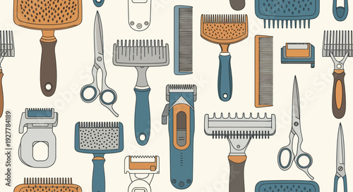 Seamless pattern of various pet grooming tools and supplies.