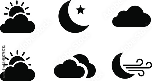 Weather icons with sun moon clouds and wind