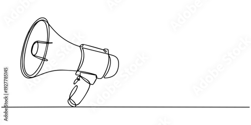 Minimalist one line drawing of a megaphone in continuous line art style. The illustration features a loudspeaker with a handle, created using a single flowing line, symbolizing communication