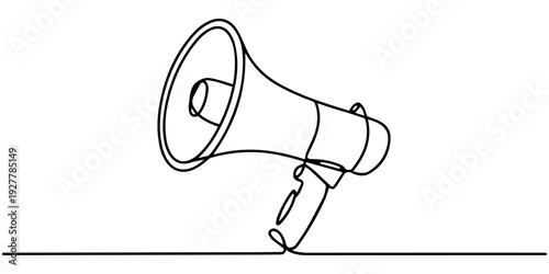 Minimalist one line drawing of a megaphone in continuous line art style. The illustration features a loudspeaker with a handle, created using a single flowing line, symbolizing communication