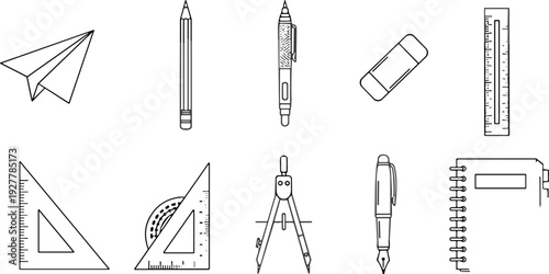 Stationery school supplies line drawing set with paper airplane pencils eraser ruler compass fountain pen notebook geometry tools flat vector
