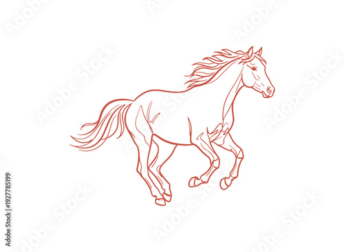 Continuous line art features a horse. The elegant horse is illustrated running in a linear sketch, isolated on a white backdrop. It's a vector illustration.