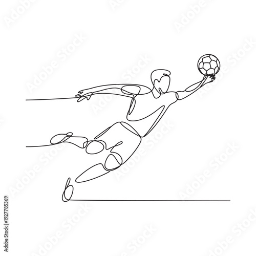 Continuous line drawing of a soccer goalkeeper diving to catch a ball
