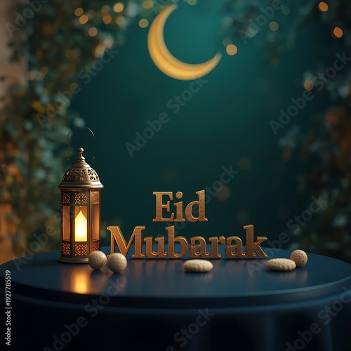 Warm Eid Mubarak greeting with golden crescent moon, intricate lantern, and sweet dates on a dark blue tablecloth, evoking celebration and tradition.
