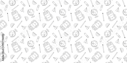 School education icons elements in flat style. Black and White seamless pattern with school-themed outline supplies. Line Web and print.