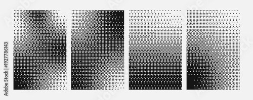 Pixelated bitmap texture. Halftone gradient poster set. Y2K pixel background for card social media print. Vector dither template