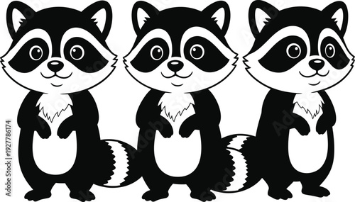 Three cartoon raccoons standing side by side