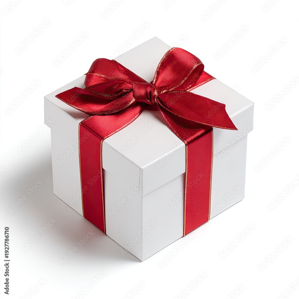 Fototapeta premium A pristine white gift box with a luxurious red ribbon and golden edging, isolated