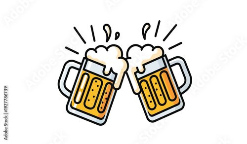 Two beer mugs clinking together with foam and lines indicating a celebratory toast