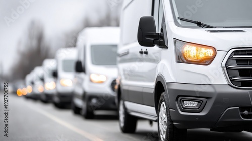 Fleet of white delivery vans lined up on a road during daytime