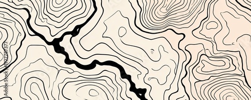 Topographic map-like illustration, featuring black lines on a beige background, with a river