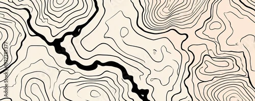 Panel kuchenny z motywem Topographic map-like illustration, featuring black lines on a beige background, with a river